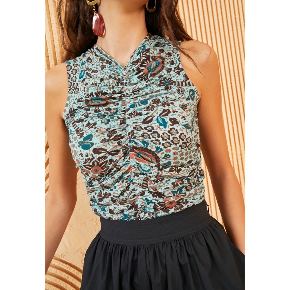 Ulla Johnson Allie Jade Ruched Floral Cotton Sleeveless Top XL